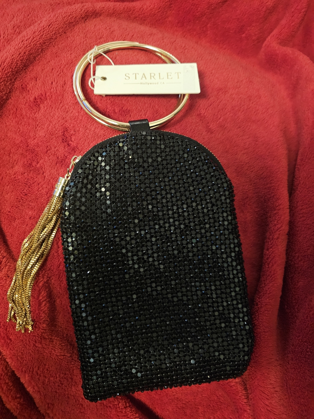 Black Crystal Wristlet Clutch with Gold Ring and Tassel